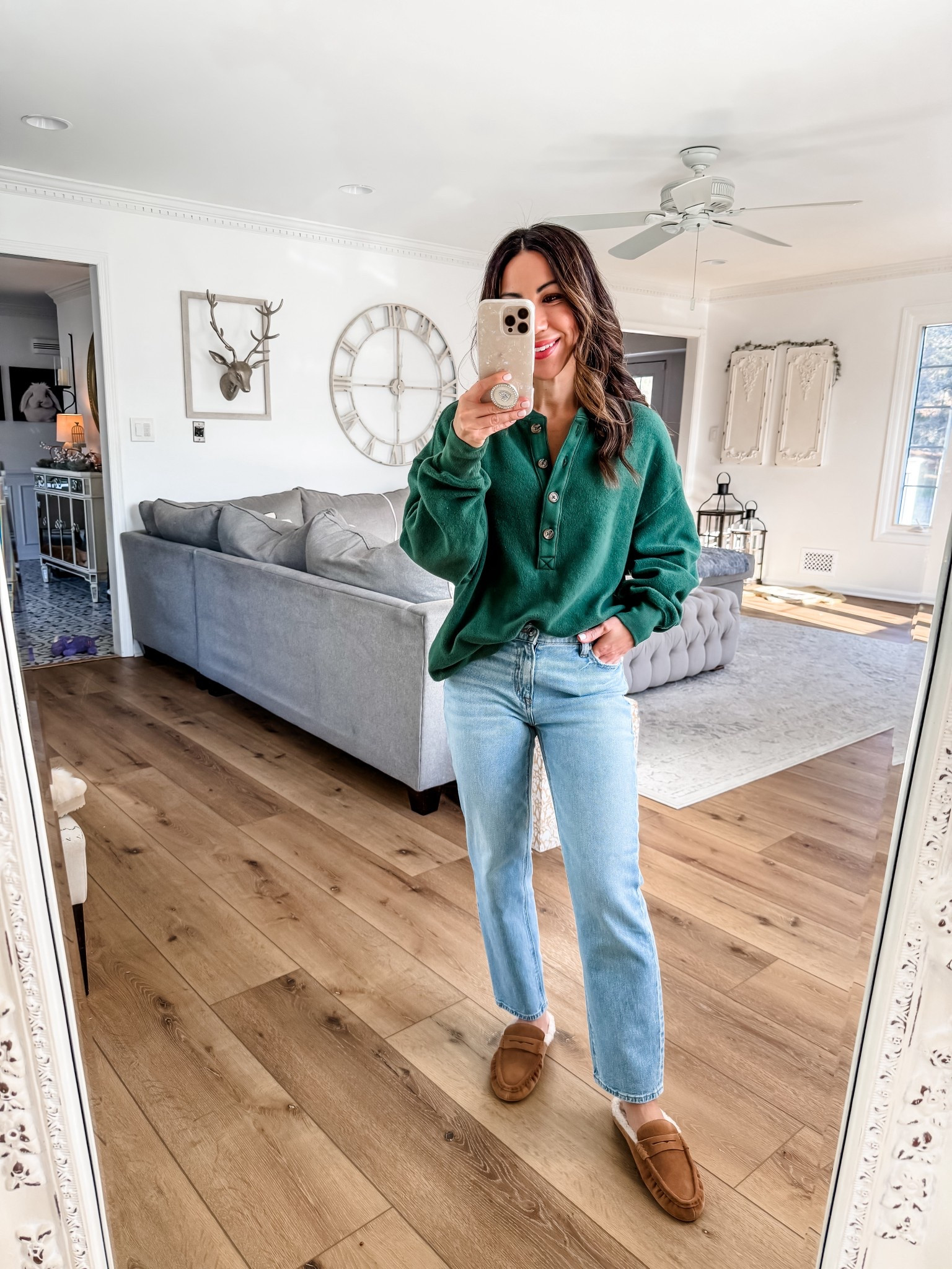 Small Sherpa Henley. Jeans 0 X-short. Mules tts 

#LTKSaleAlert #LTKFindsUnder50 #LTKFindsUnder100