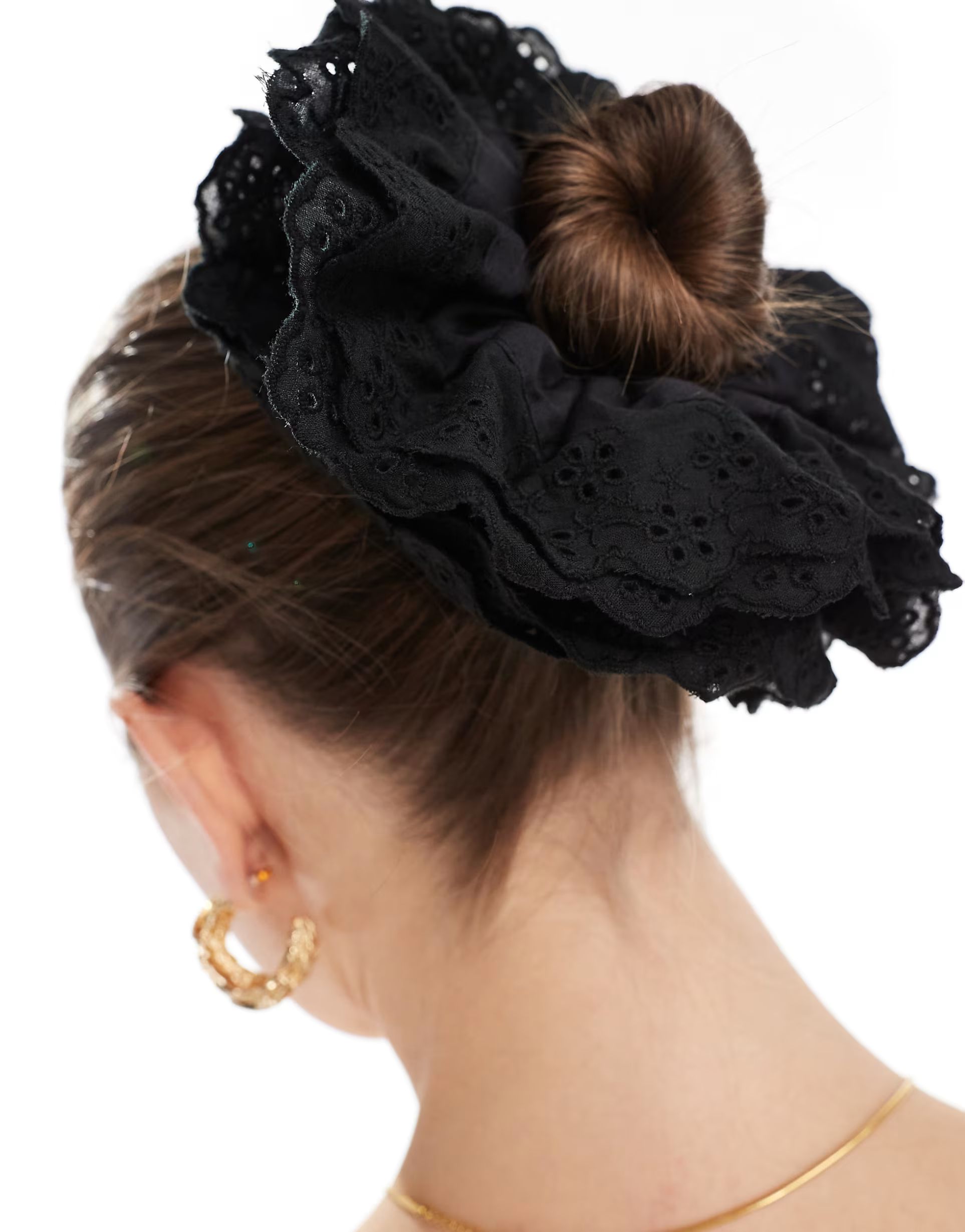 ASOS DESIGN scrunchie hair tie with eyelet detail in black | ASOS (Global)