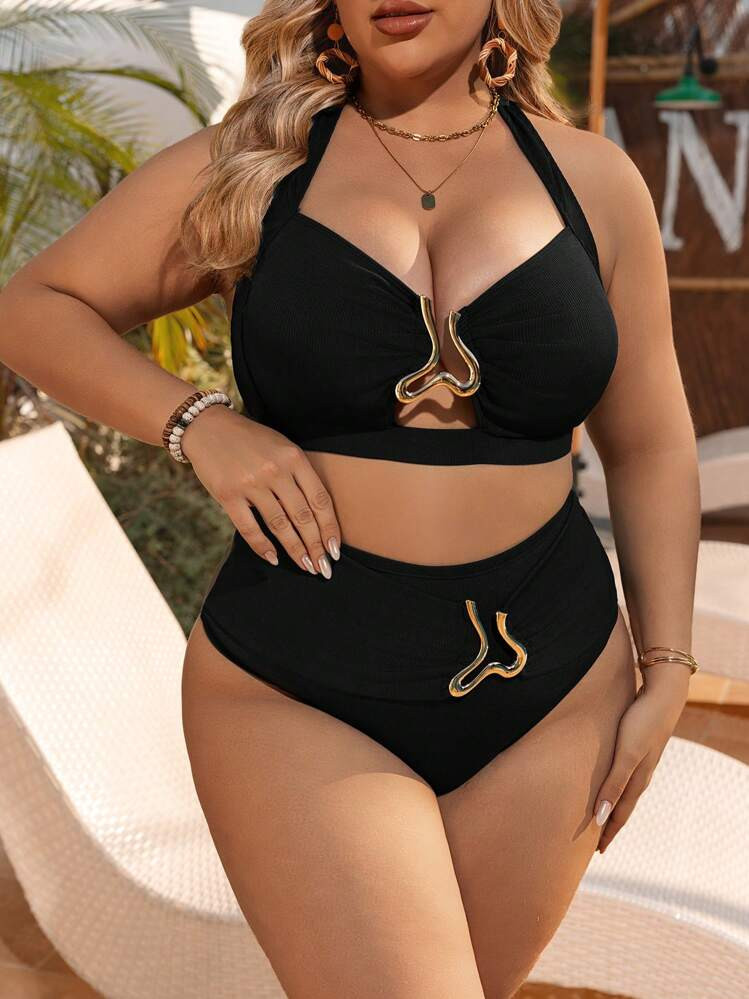 Swim SXY Plus Size High Waisted 2pcs Asymmetric Trim Bikini Swimwear Set For Summer Beach Vacation | SHEIN
