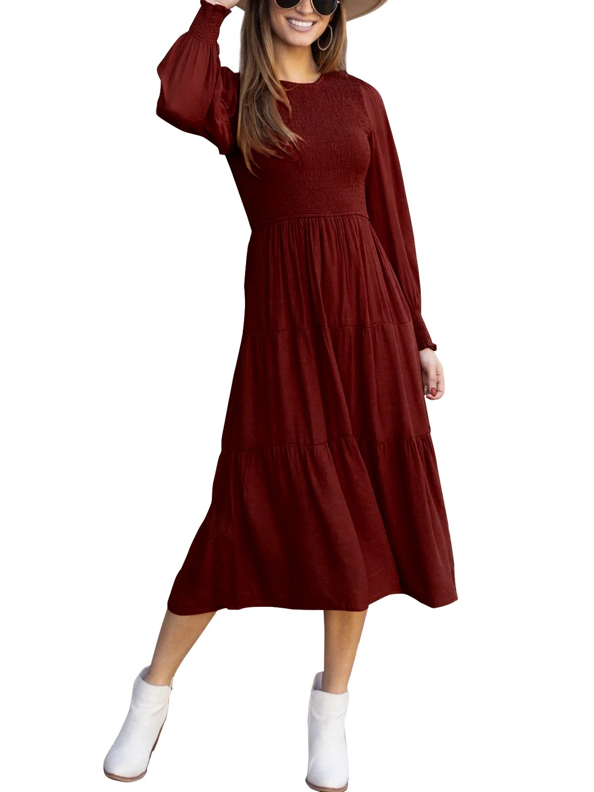 Womens Long Sleeve Dress Crew Neck High Waist Smocked Flowy Casual Midi Dresses for Women 2023 | Walmart (US)