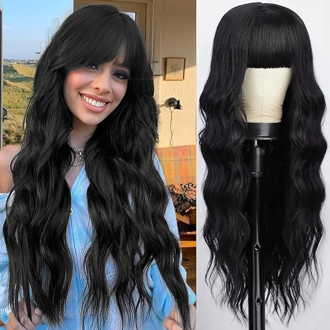 AISI QUEENS Black Wig with Bangs, Long Black Wavy Wigs for Women Synthetic Wigs Natural Black Cur... | Amazon (US)