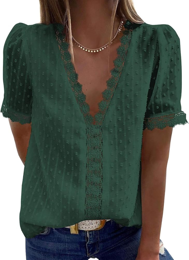 Astylish Womens Sexy Lace V Neck Tops Casual Jacquard Pom Pom Shirt Blouses | Amazon (US)