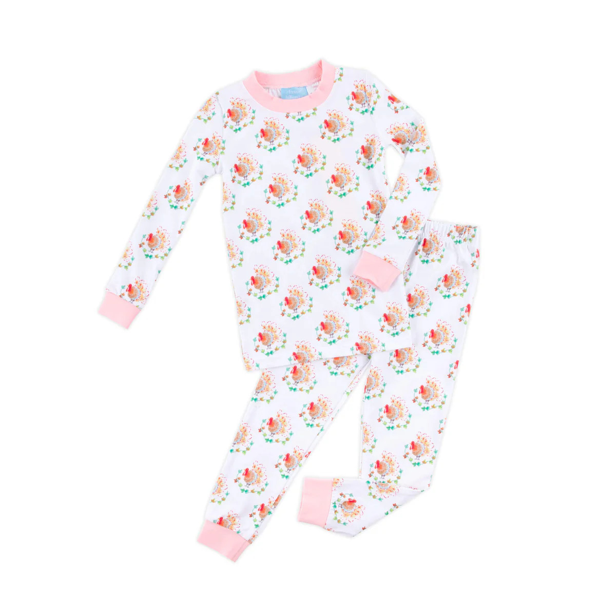 Feathery Turkey Print Pink Rib Pajamas | Classic Whimsy