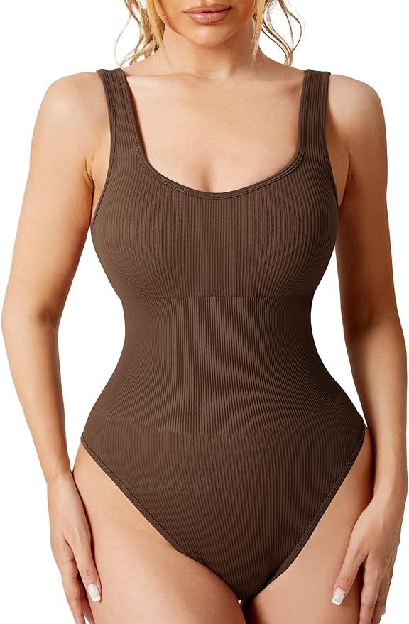 YEOREO Glowy Bodysuit for Women Ribbed Sleeveless Bodysuit Square Neck Bodysuit Sexy Shapewear To... | Amazon (US)