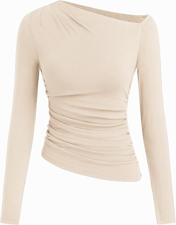 CIDER Off The Shoulder Tops for Women Long Sleeve Shirts Asymmetrical Neck Ruched Going Out Tops ... | Amazon (US)