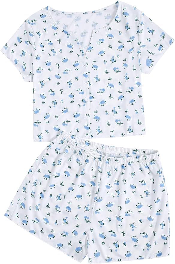 Verdusa Women's 2-Piece Button Down Short Sleeve Ditsy Floral Button Front Sleepwear Loungewear P... | Amazon (US)