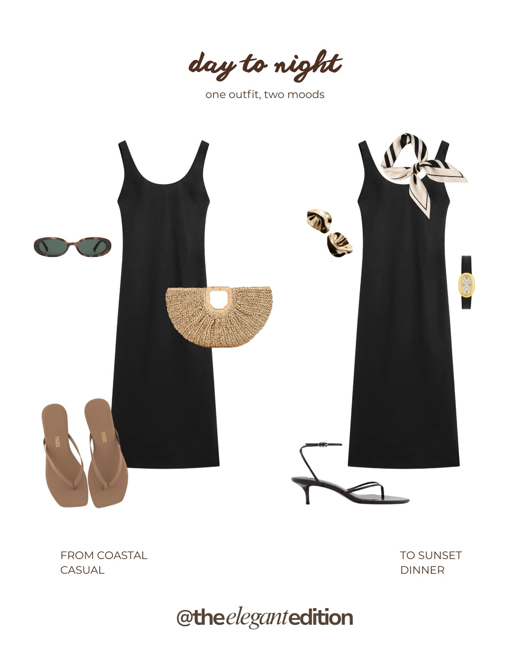 DAY TO NIGHT LOOK 🖤 — One black midi dress, two ways. Styled casually with a woven bag and nude flip flops for the day, then elevated with a silk scarf, kitten heel sandals and a gold watch for sunset dinner.
#daytonight #summeroutfit #oldmoney #quietluxury 

   

#LTKsummer #LTKeurope #LTKtravel #LTKeurope #LTKtravel #LTKstyletip