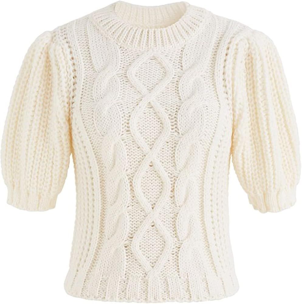 CHICWISH Women's Magenta/Tan/White Bubble Sleeve Braided Ribbed Sweater | Amazon (US)