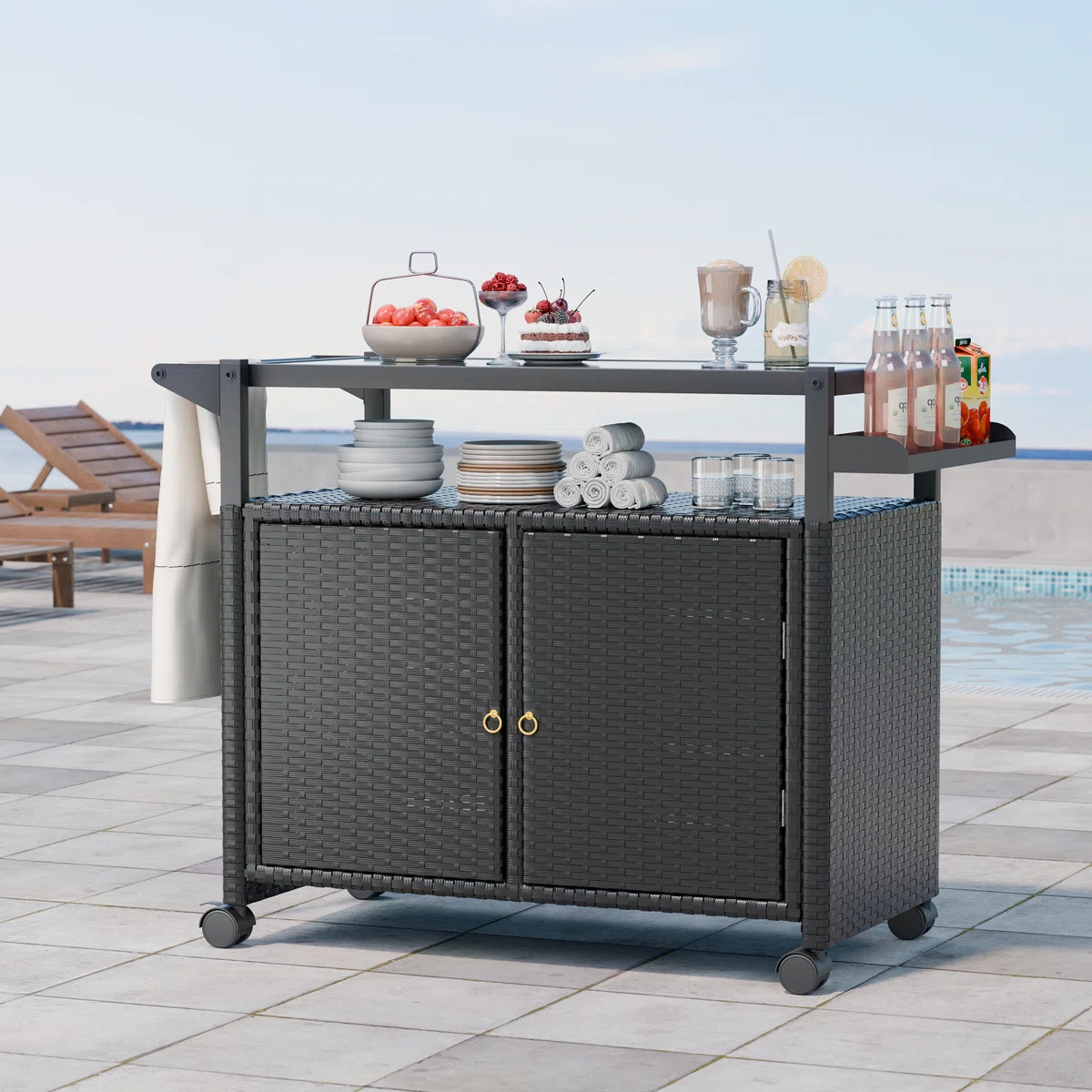 Wicker Bar Cart, Outdoor Kitchen Island Bar Table (black) | Wayfair North America