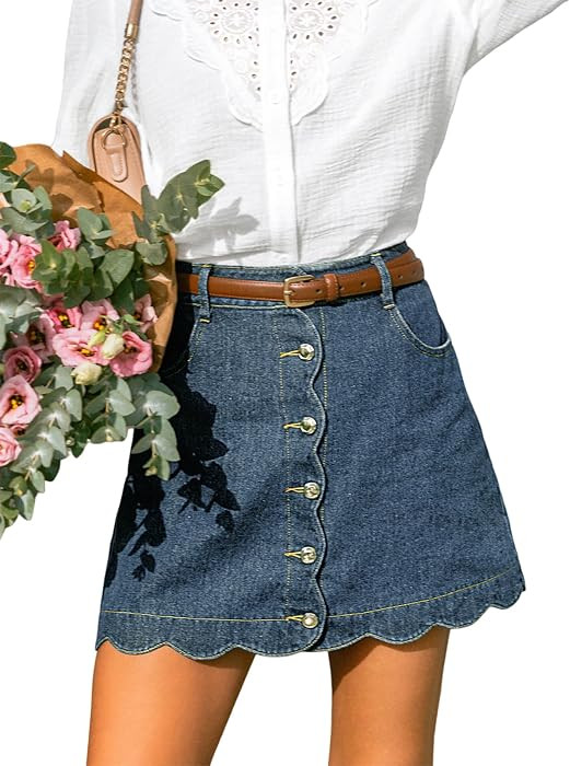 CUPSHE Women\u2019s Denim Mini Skirt Button Front A-Line Scalloped Jeans | Amazon (US)