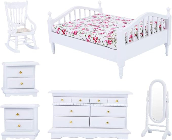 1:12 Scale Dollhouse Furniture, 6pcs Mini Wooden White Bedroom Furniture Set, for Gifts Toys Home... | Amazon (US)
