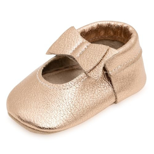 BirdRock Baby Bow and Knot Moccasins - Genuine Leather Baby Girl Shoes (Rose Gold Bow, US 5.5) | Amazon (US)