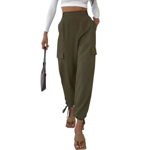 HUBERY Women Elastic Mid Waist Lace Up Pocket Spliced Solid Color Cargo Pants | Walmart (US)