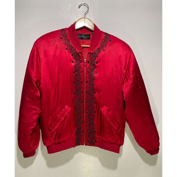 August silk bomber jacket embellished sequin festive red winter holidays women M | Poshmark