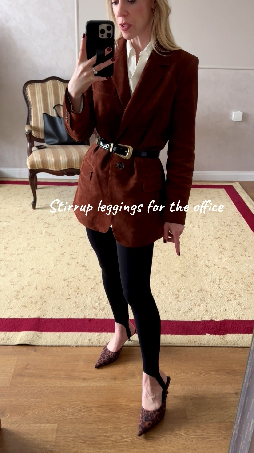How to style stirrup leggings for the office with a suede blazer and leopard mules - leggings are under $100 and mules are under $50

#LTKWorkwear #LTKFindsUnder100 #LTKShoeCrush