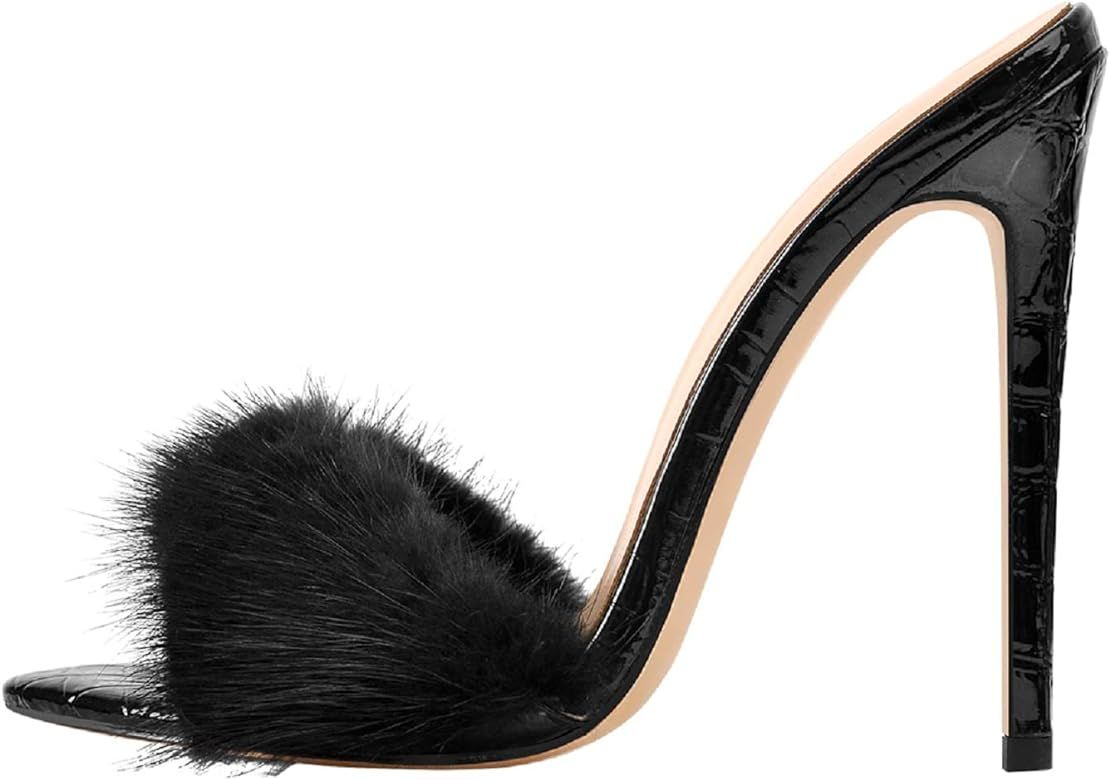 Richealnana Women's Fur Fluffy Mules Slip On High Heels Sandals | Amazon (US)