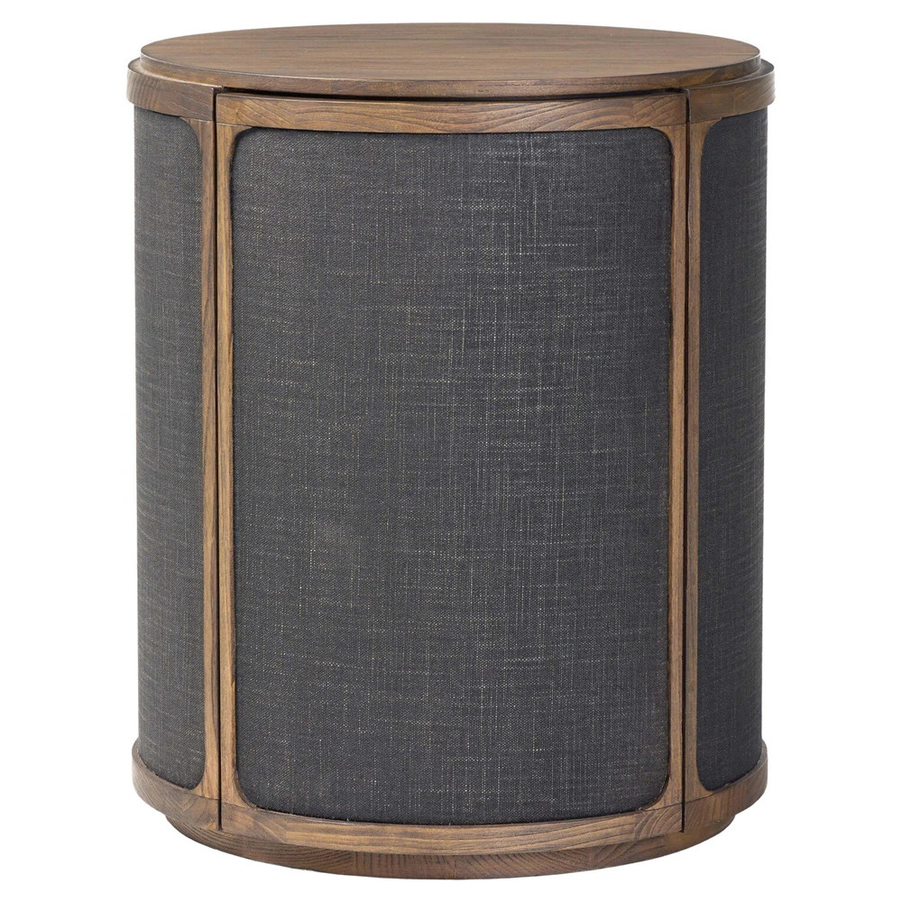 Bertie Rustic Lodge Black Painted Linen Brown Wood Round Storage End Table | Kathy Kuo Home