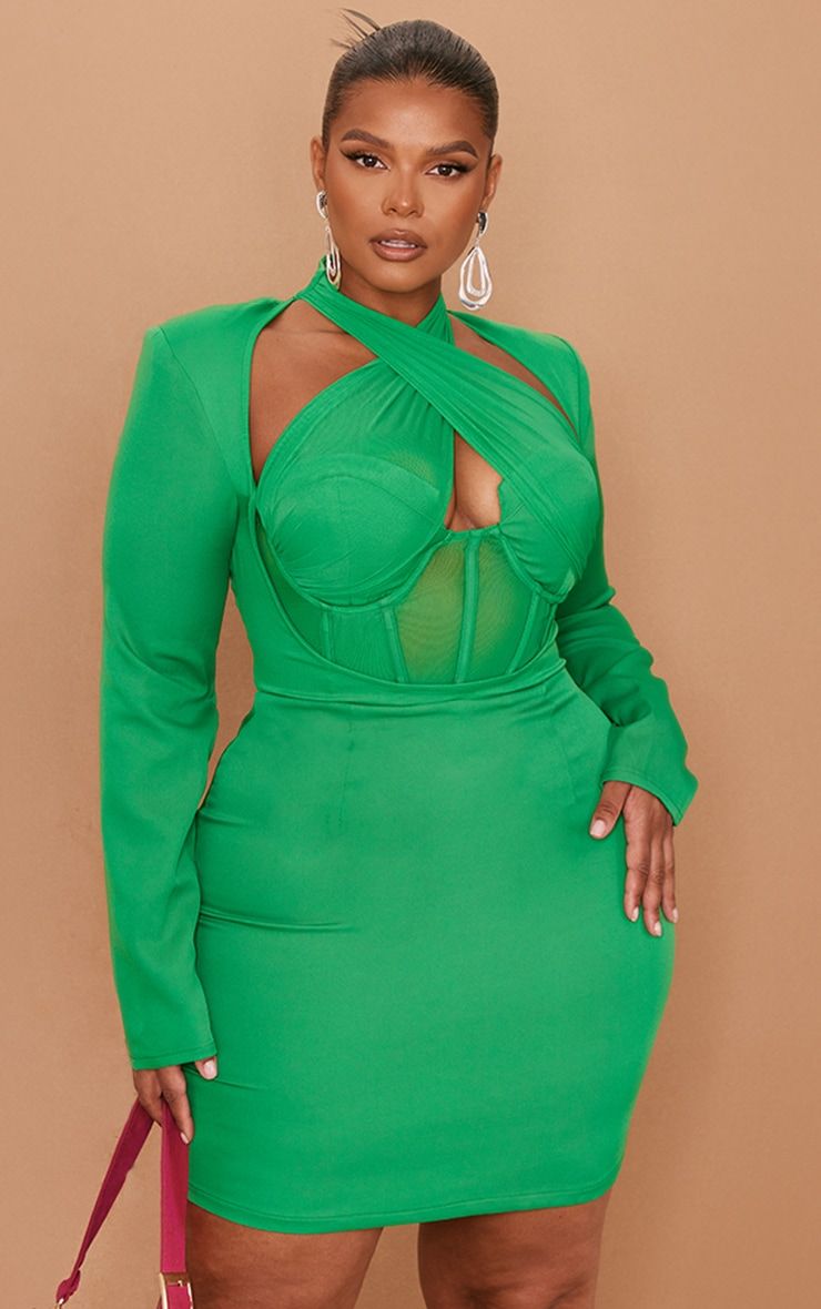 PLT Label Plus Bright Green Corset Cross Front Bodycon Dress | PrettyLittleThing IE