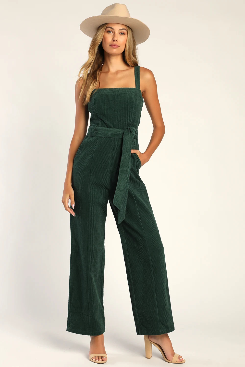 Cutie Season Dark Green Corduroy Wide-Leg Jumpsuit | Lulus