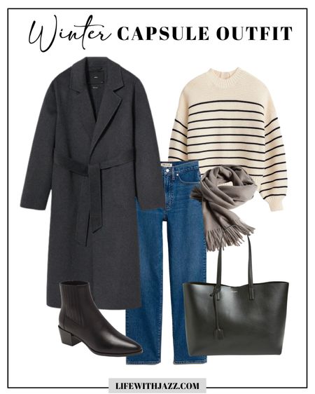 Winter capsule outfit 

Saint Laurent tote 
Cashmere striped sweater 
Straight leg jeans - i size down in madewell jeans 
Belted coat xs 
Soft scarf 
Rover Chelsea booties 

#LTKtravel #LTKunder100 #LTKworkwear