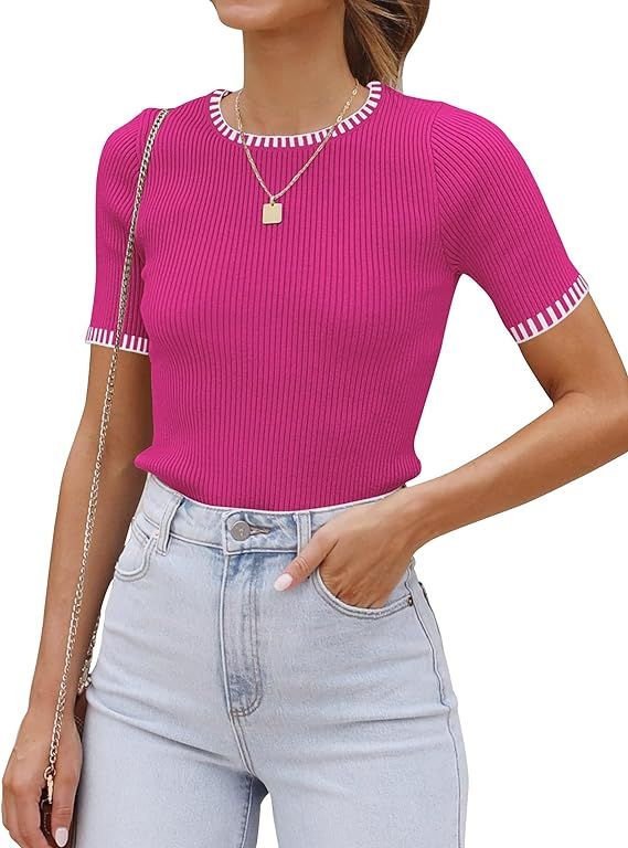 luvamia Womens Tops Trendy Business Casual Summer Short Sleeve Sweater Top Slim Fit Color Block C... | Amazon (US)