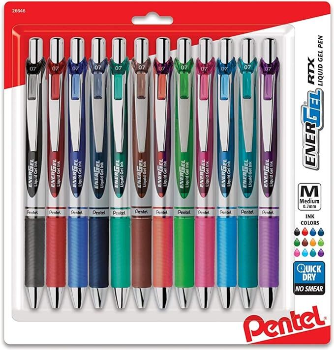 Pentel EnerGel RTX Retractable Liquid Gel Pen, (0.7mm) Medium Line, Assorted Ink,12-Pk (BL77BP12M... | Amazon (US)