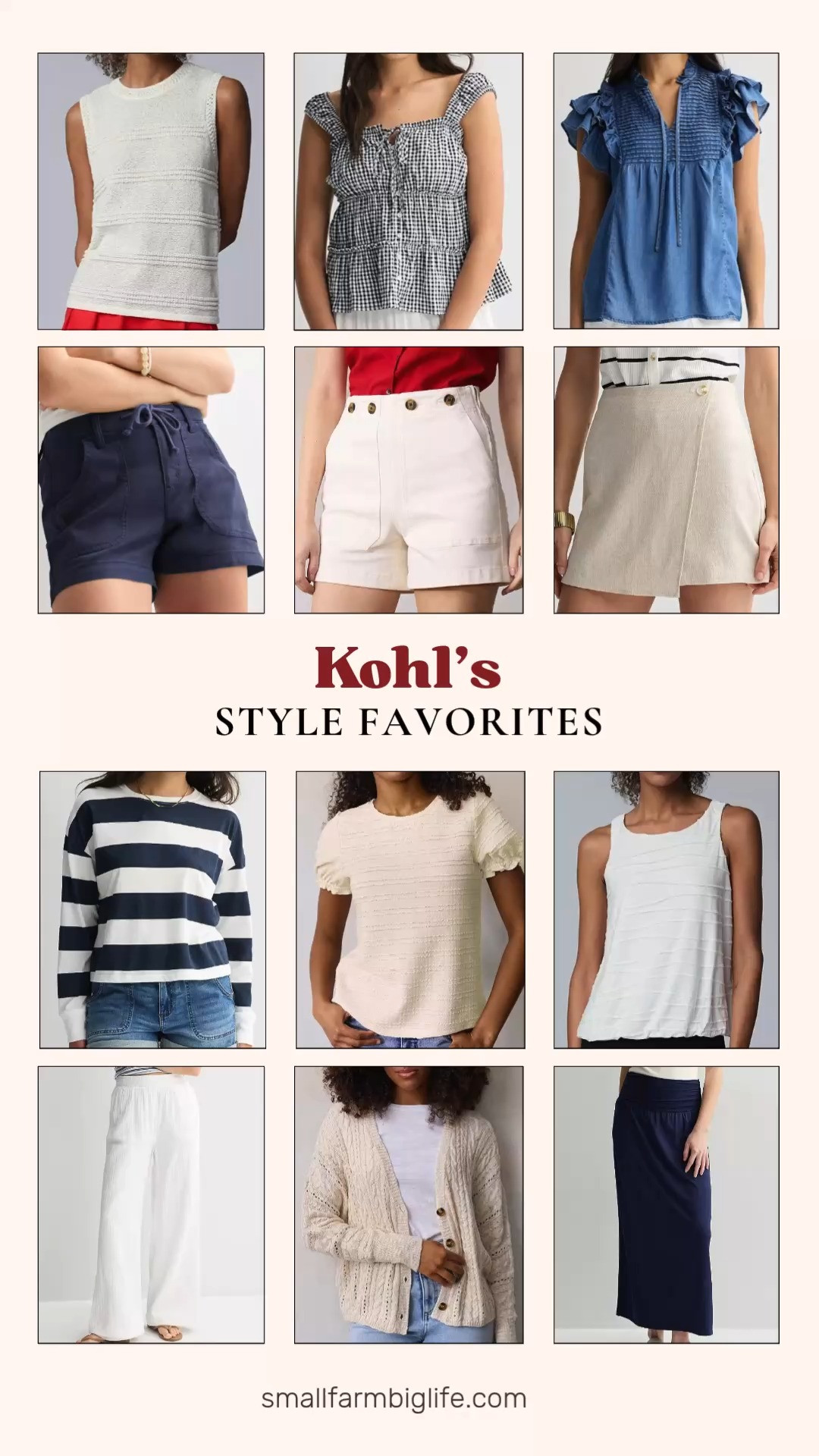 More Kohl's favorites because the summer styles are so good right now! This round up has twelve pieces including a classic white sweater tank, navy drawstring shorts, a thick blue and white striped boxy crop long sleeve top, a cream puff sleeve top, a navy and white gingham tiered woven tank, a chambray flutter sleeve blouse, ivory super high rise sailor denim shorts, white high rise double gauze pants, a white bubble tank, a cream crochet v neck cabled sweater cardigan, a beige wrap skort, and a dark navy pull on maxi skirt. The sailor shorts and the gingham tiered tank are two of my favorites in this round up and the crochet cardigan is such a beautiful and versatile layering piece for summer evenings. Tap to shop! 

 #LTKSeasonal #LTKOver40 #LTKSaleAlert