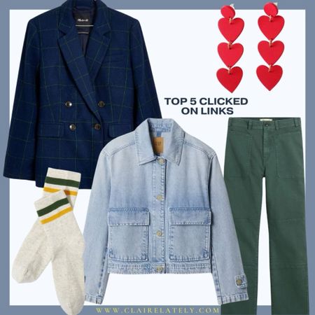 Best sellers of the week - gap under $100 utility denim shirt jacket, stripe tailored union socks, madewell plaid blazer, heart drop earrings, straight leg green pant
❤️ Claire Lately 

#LTKfindsunder100 #LTKMostLoved #LTKSpringSale