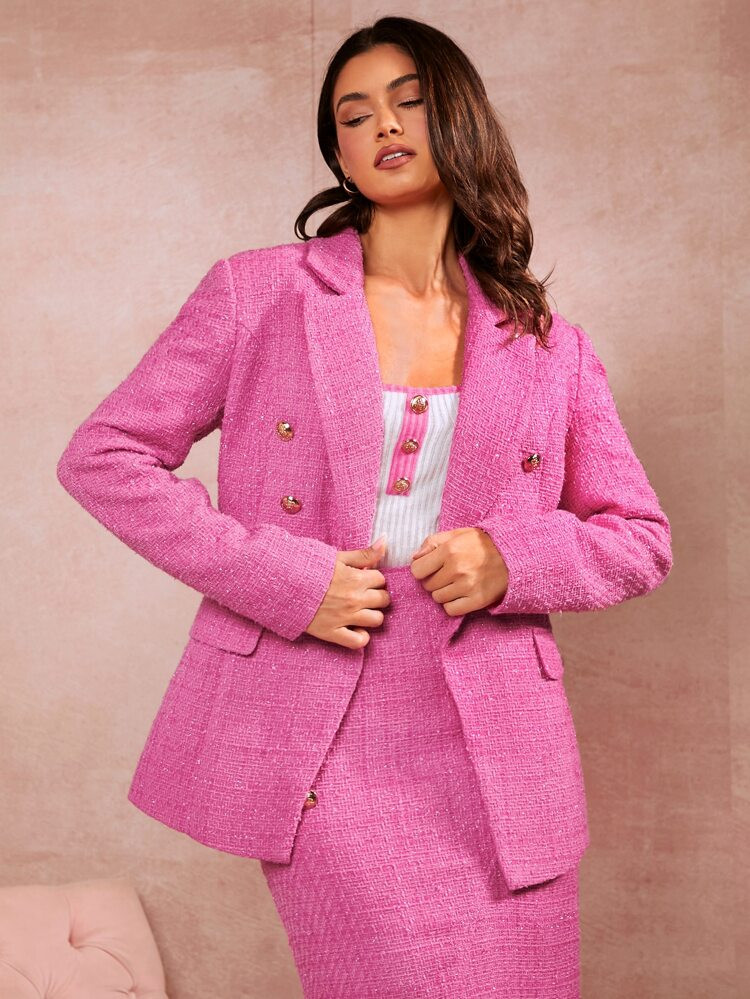 SHEIN Unity Lapel Neck Double Breasted Tweed Blazer | SHEIN