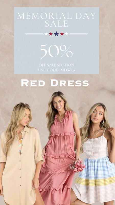 Red Dress Memorial Day sale: 50%
OFF SALE SECTION. USE CODE: MDW50
All on sale items linked below. 

#LTKSeasonal #LTKSaleAlert #LTKFindsUnder50 #LTKShoeCrush