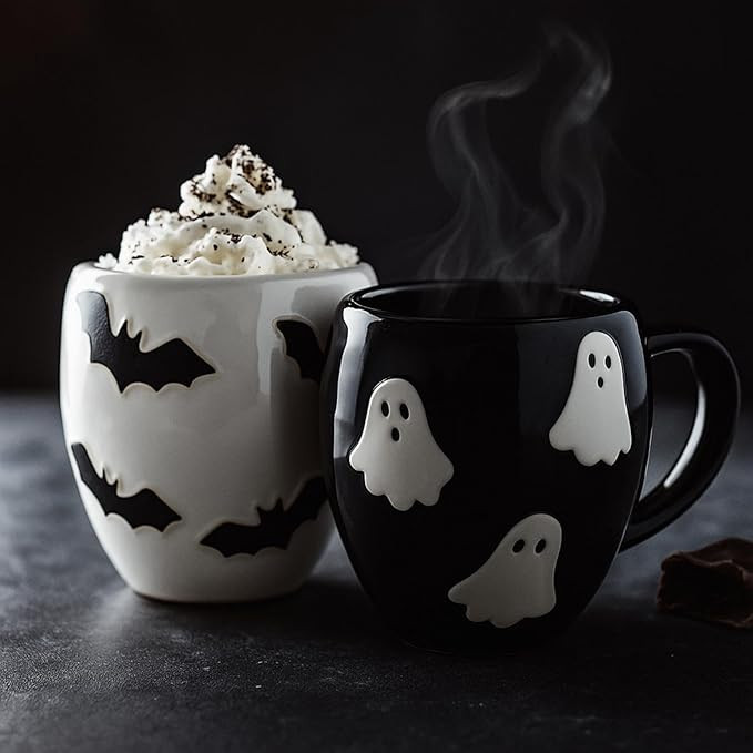 2 Pack Halloween Coffee Mug 14 oz Ceramic Ghost Bat Mug Black White Ghost Bat Drinking Cups Cute ... | Amazon (US)