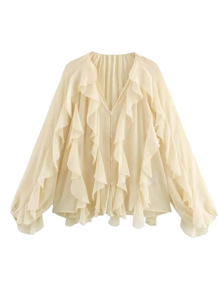 Amazon.com: Women's Layered Ruffle Semi-Sheer Loose Long Sleeve V-Neck Shirt Apricot L: Clothing,... | Amazon (US)