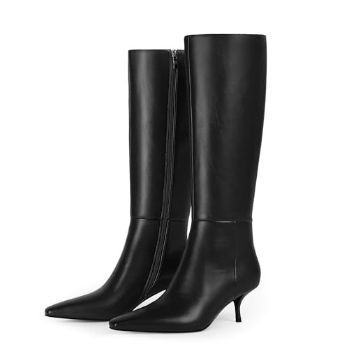 QIY Black Boots for Women Knee High Black Heeled Boot for Women Dress Low Kitten Heel Boots Square Toe Leather Tall Long Stiletto Boot Size 6.5 | Amazon (US)