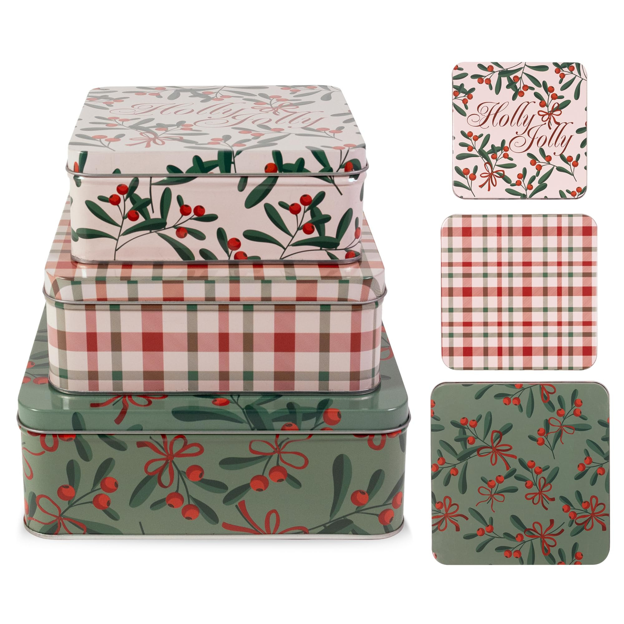 Steel Mill & Co Tin Containers with Lids, 3 Pack Christmas Cookie Tins, Festive Cookie Tins for Gift Giving & Holiday Treats, Square Metal Nesting Containers (Holly Jolly) | Amazon (US)