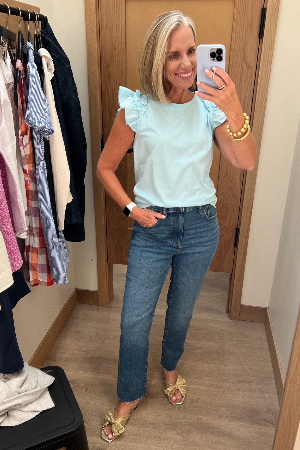 This adorable top is on sale for $22.50
Comes in 3 colors and I’m wearing a small. Knit body with poplin ruffles.
Seriously so cute 

Jeans are great, but I’d size down. Wearing my normal 6 with room 
41% off right now 
Straight leg is a good way to change up your jeans style and go with all shoes 

#LTKover40 #LTKFind #LTKstyletip