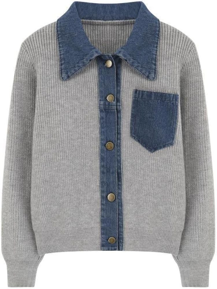 happlan Women's Knitted Long Sleeve Denim Patchwork Cardigan Sweater Jacket Top | Amazon (US)