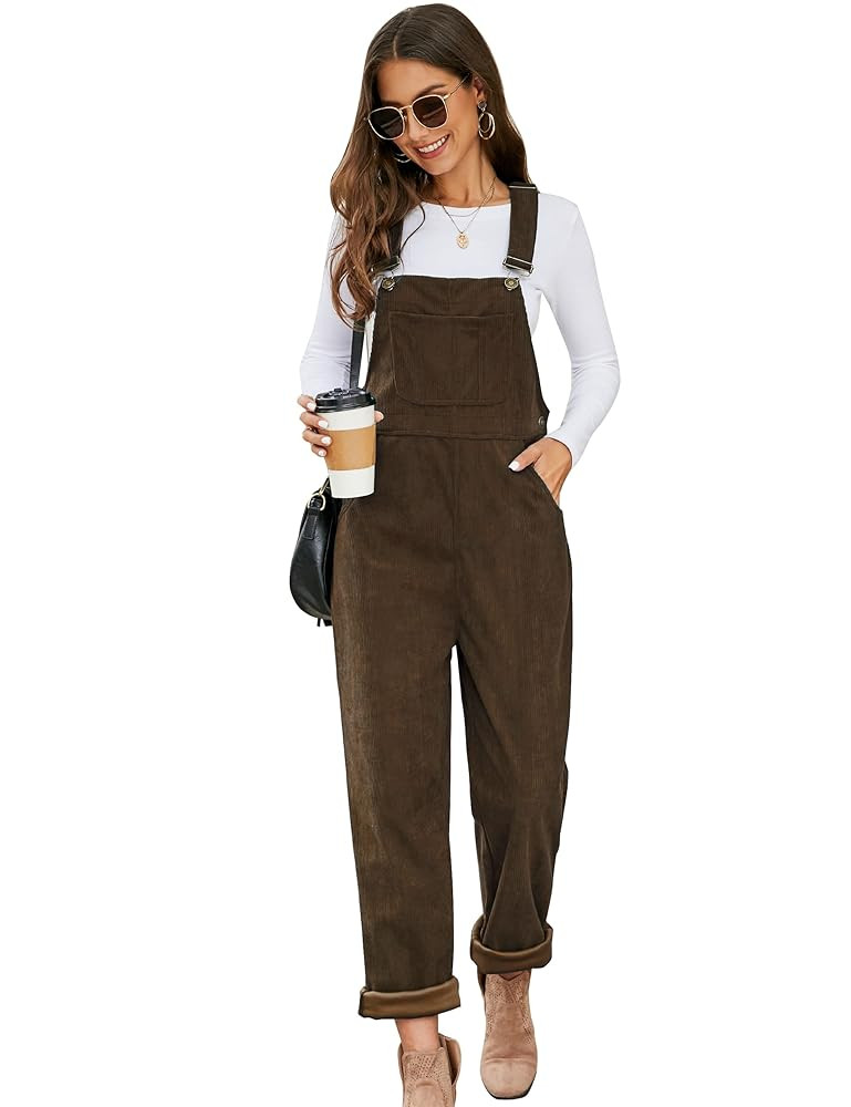 Flygo Corduroy Overalls for Women Loose Fit Adjustable Straps Long Bib Pants Wide Leg Jumpsuits w... | Amazon (US)