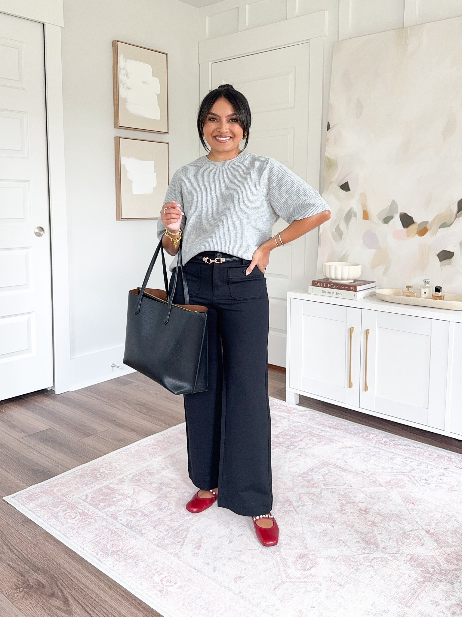 Teacher & Office Casual Outfits 
Gray sweater size xs petite TTS
Black belt size waist size below 37” TTS color R-classic black & brown
Black pants size 2 petite TTS
Red flats size 5 TTS


#LTKWorkwear #LTKSaleAlert #LTKPetite