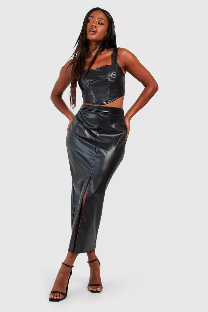 Faux Leather Split Hem Midi Skirt | boohoo (US & Canada)
