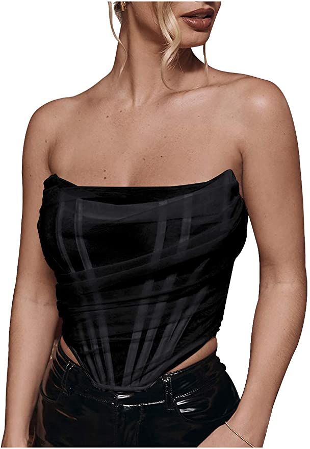 L'VOW Women's Sexy Strapless Mesh Bustier Open Back Boned Corset Crop Top | Amazon (US)