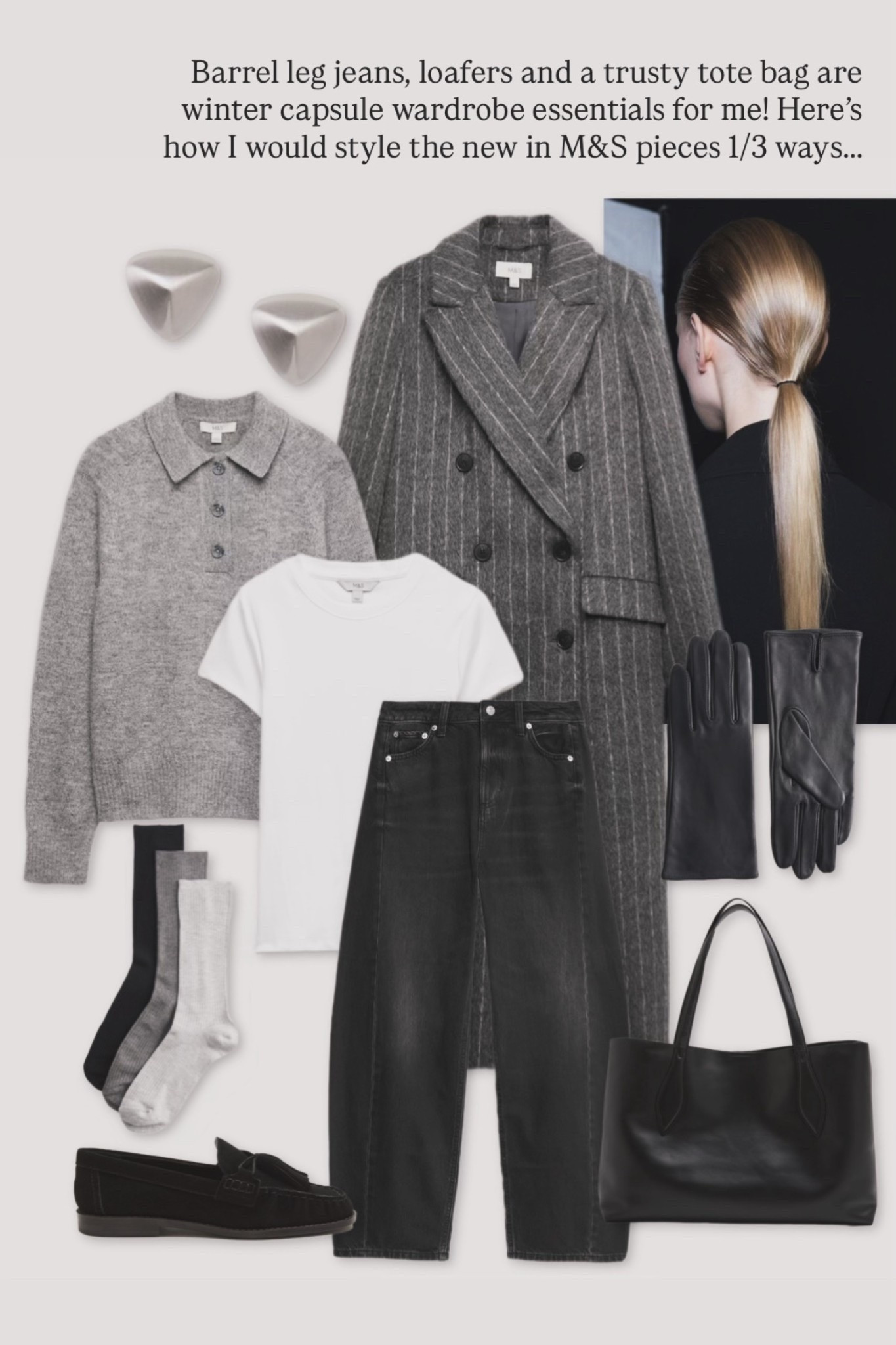 Workwear outfit inspo ✨

Styling Marks and Spencer’s barrel leg jeans, grey pinstripe long coat, grey polo knit sweater, with black suede loafers and statement earrings for what to wear to the office 

#LTKuk #LTKmodest #LTKworkwear