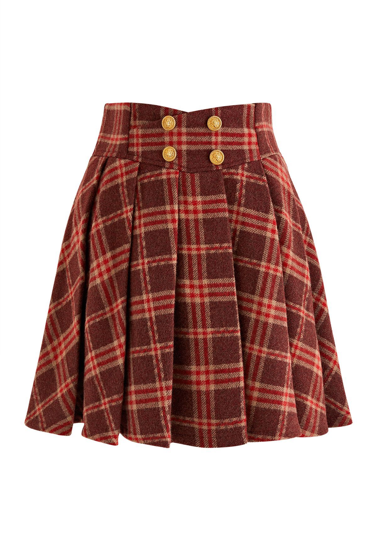 Golden Button Pleated Flare Mini Skirt in Red Plaid | Chicwish