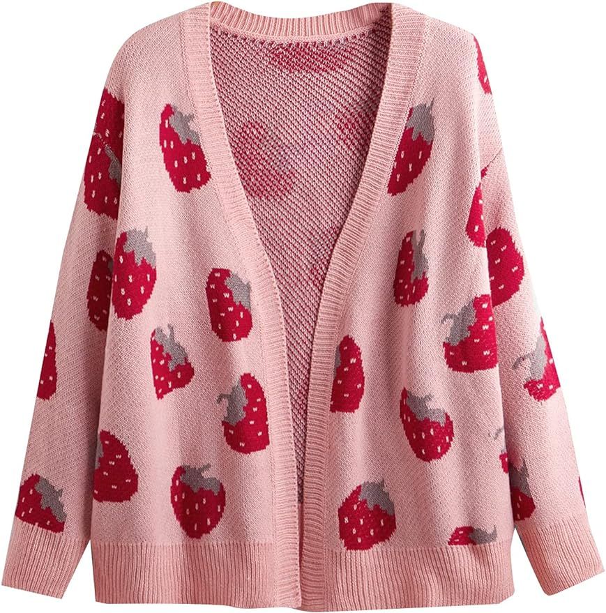 MakeMeChic Women's Plus Size Strawberry Print Long Sleeve Open Front Knit Cardigan Sweater | Amazon (US)