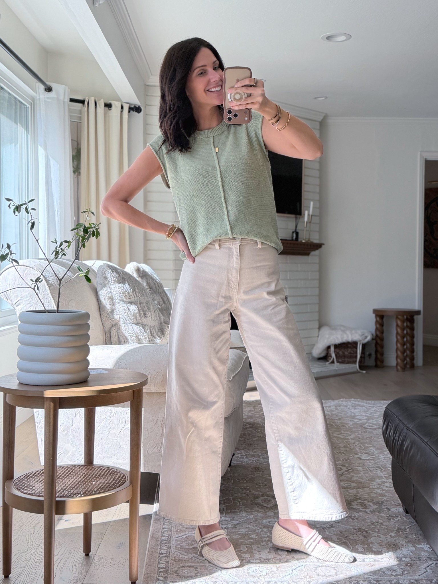 My perfect spring outfit. I’ve had all of these items since last year. Everything has held up incredibly well. True to size in all - spring sweater, viral sailor pants in cream (I love that these are not white and are not brown either), and mesh flats I wear on repeat  

#LTKTall #LTKootd #LTKmomlife