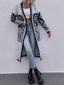 Geo Pattern Drop Shoulder Open Front Longline Cardigan | SHEIN