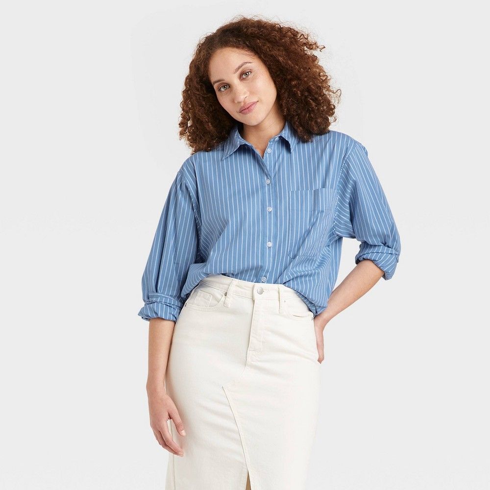 Women's Long Sleeve Oversized Button-Down Boyfriend Shirt - A New Day Blue Striped S | Target
