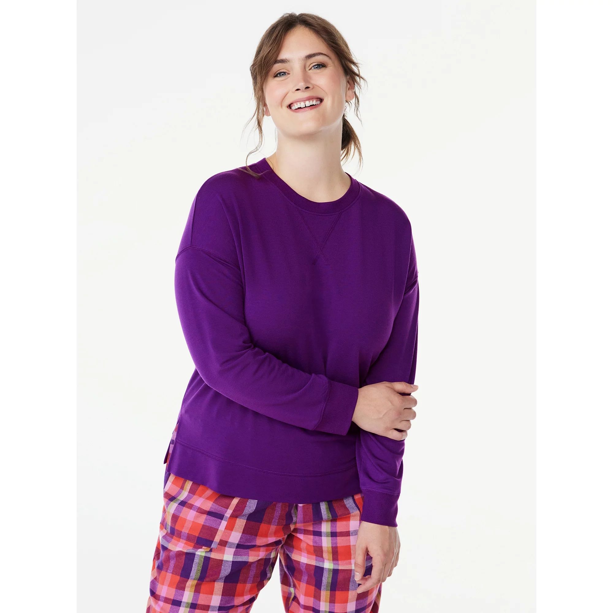 Joyspun Women's French Terry Sleep Top with Long Sleeves, Sizes XS to 3X | Walmart (US)