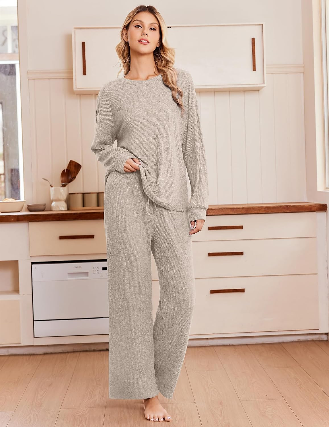 Ekouaer Womens Pajama Sets Soft Long Sleeve Pj 2 Piece Ribbed Lounge Sets | Amazon (US)