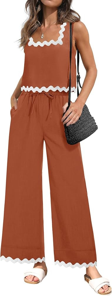 ZESICA Summer 2 Piece Sets for Women Linen Tank Top and Wide Leg Pants Matching Lounge Sets Sprin... | Amazon (US)