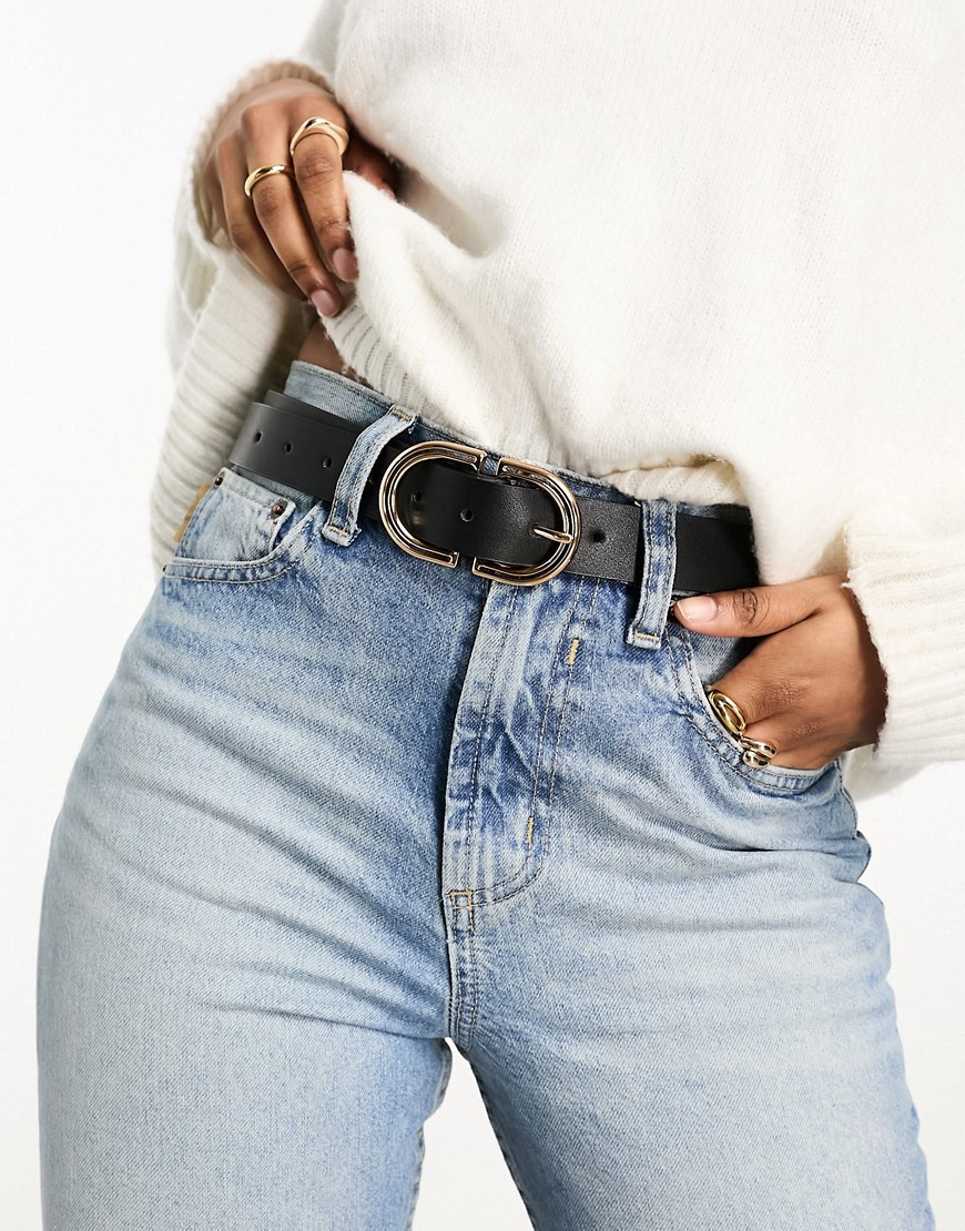 ASOS DESIGN waist and hip jeans belt with gold buckle in black | ASOS (Global)